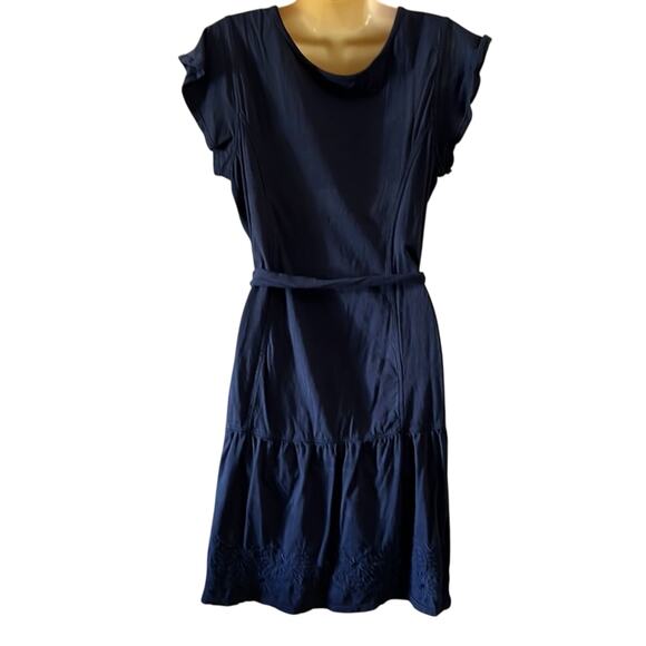 G.H.Bass & Co. Woman Size L Navy Blue Knit Dress Embroidered Drop Waist Tie Belt - Picture 3 of 11